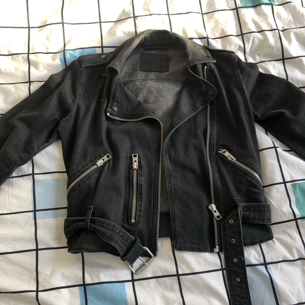 All Saints black denim moto jacket